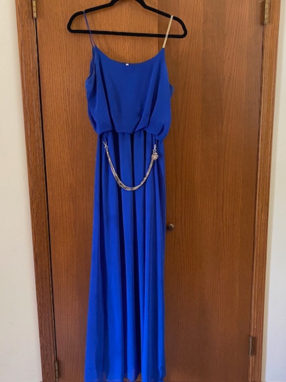 Cefian USA Blue and Gold Chain Long Dress Size L Grecian Patrizia Pepe Firenze